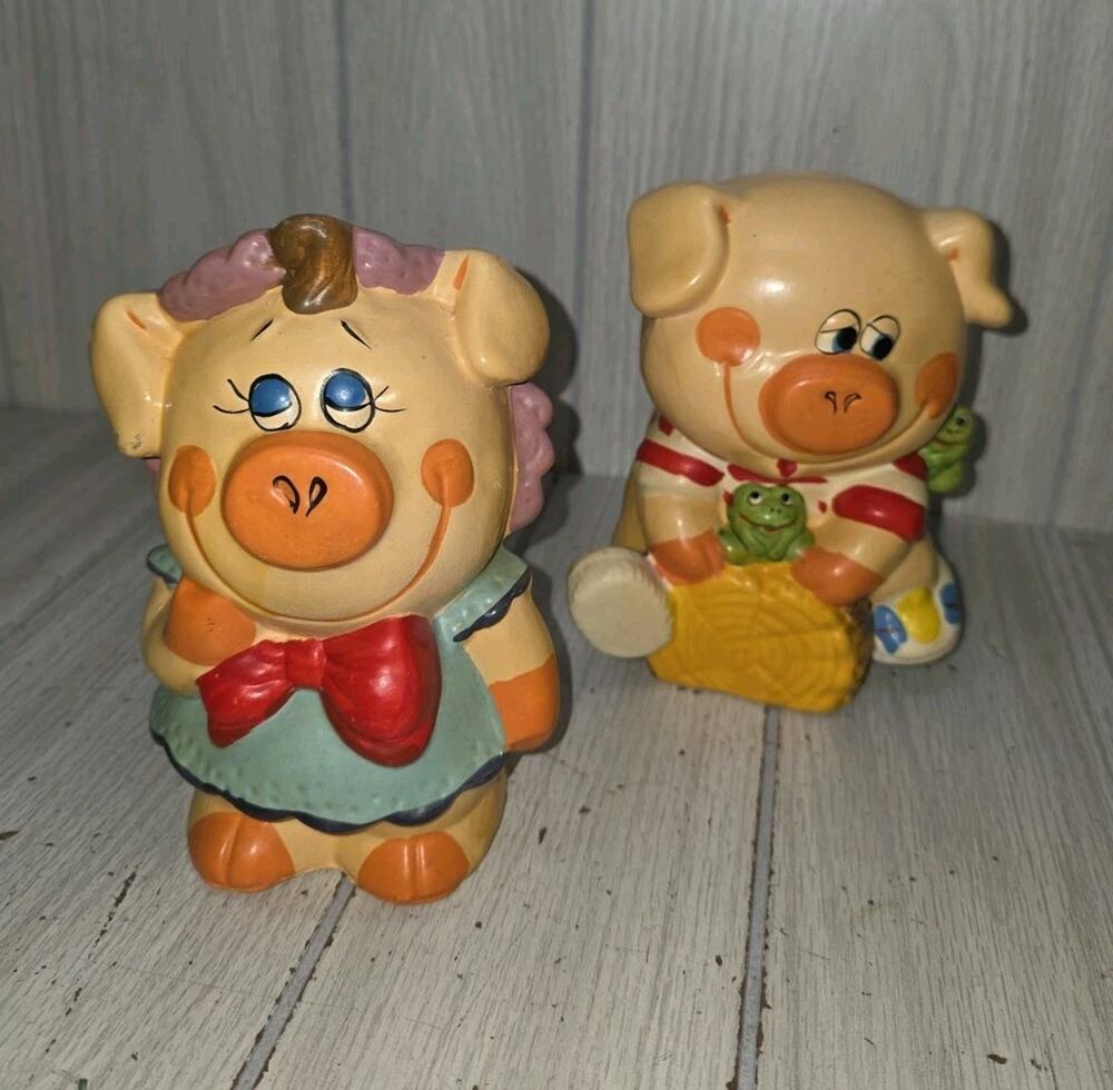 Vintage 1970's Piggy Banks Boy W/Frogs & Girl Cutie Handpainted Set Of 2